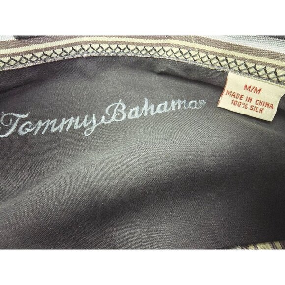 Tommy Bahama Size Medium Mens Silk Black Sage Gray Stripe Button Down Logo Shirt - Picture 4 of 11